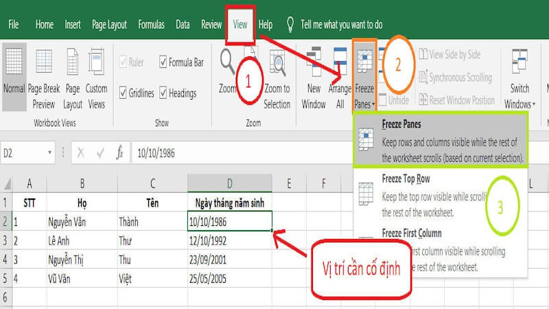 cố định nhiều cột trong excel