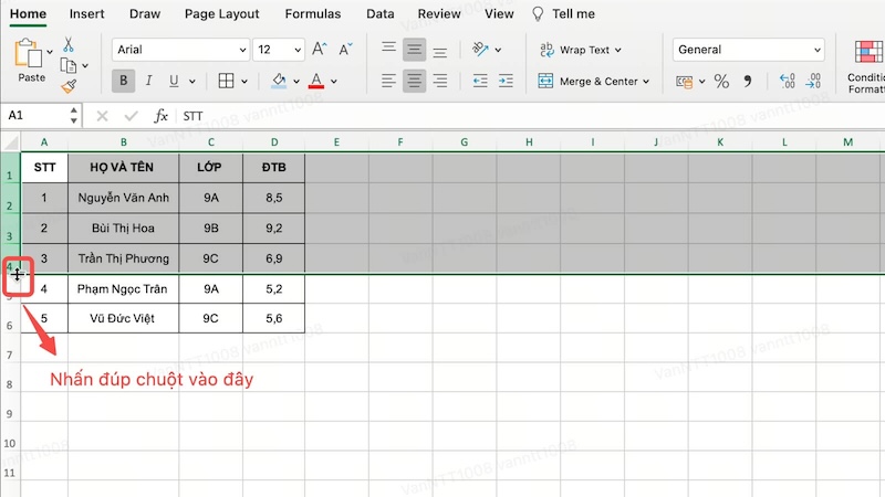 Cách giãn dòng Excel tự động bằng chuột