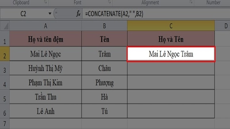 cách gộp ô Excel bằng CONCATENATE