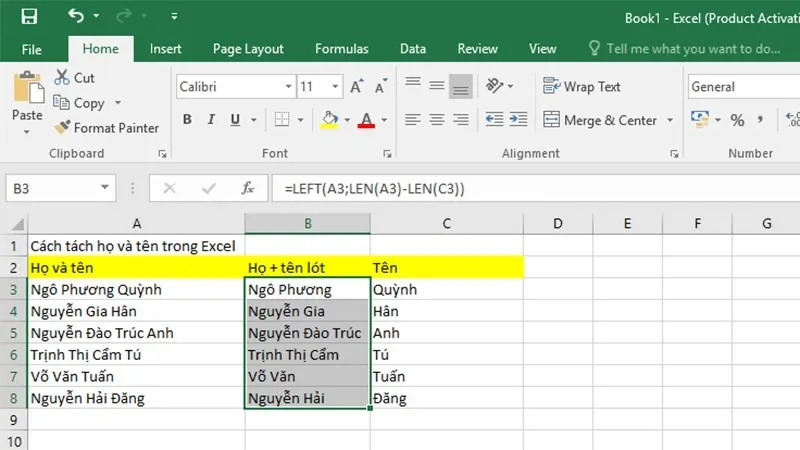 Cách tách tên Excel bằng công cụ Find and Replace và hàm LEFT