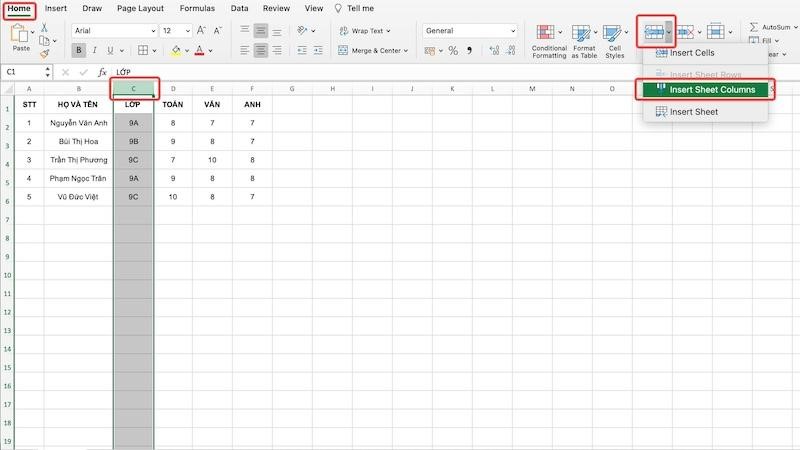 Cách thêm cột bằng insert columns