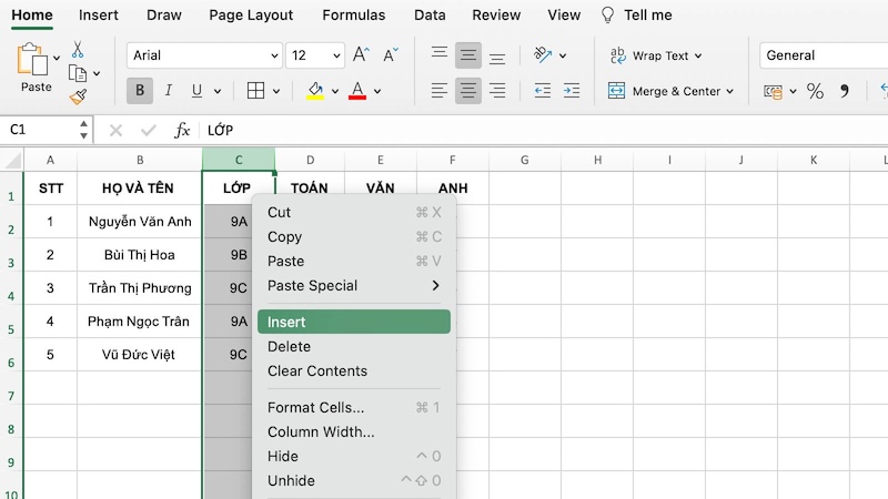 Cách thêm cột Excel ở tại vị trí bất kỳ