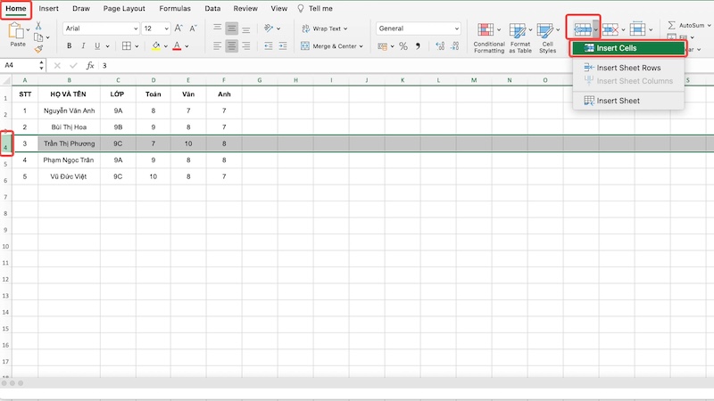 Trên thanh công cụ Ribbon, thao tác kích chọn thẻ “Home”, tiếp tục kích chọn nút “Insert” thuộc nhóm tính năng Cells ở vị trí góc ngoài cùng bên phải.