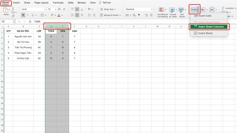 Thêm nhiều cột excel bằng insert columns