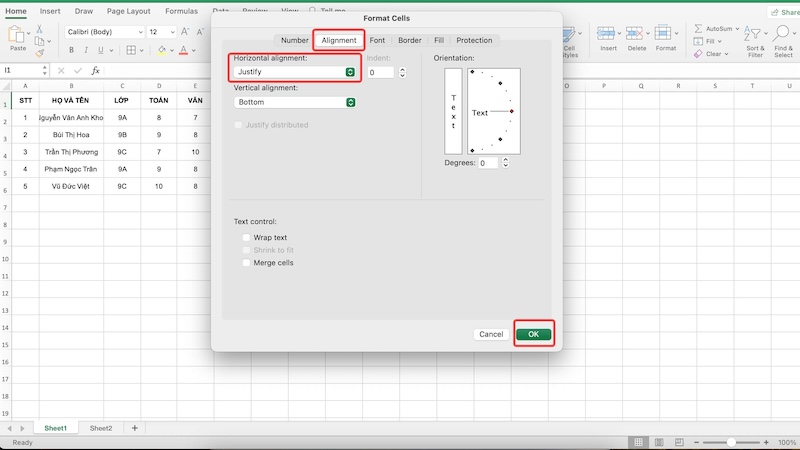 Cách xuống dòng Excel bằng Justify