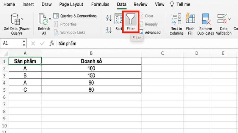 chọn bật Filter trong tab Data