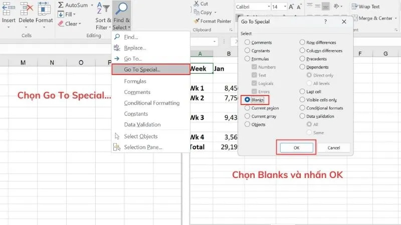 chọn Blanks để lọc và hiển thị ô trống