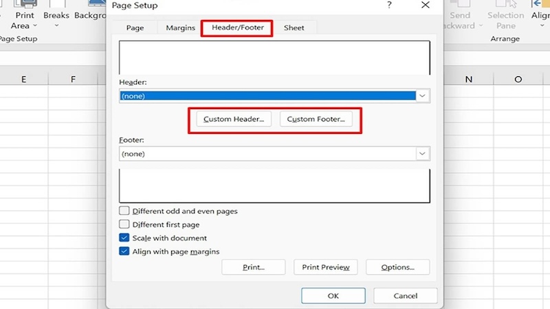 Chọn Header hoặc Footer trong Page Setup