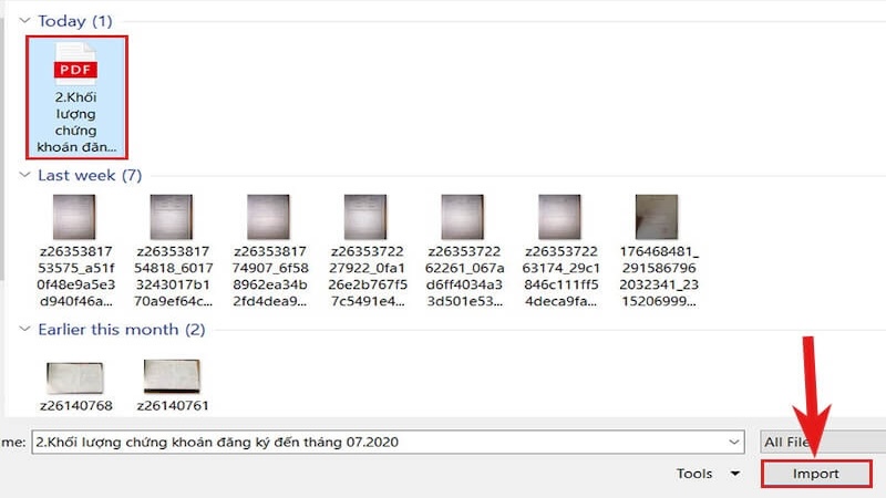 chọn Import để tải tệp PDF