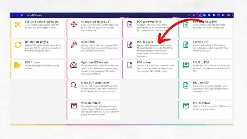 Chọn PDF to Excel trong web PDF2GO 