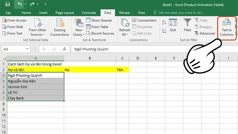 chọn Text to Columns để tách tên