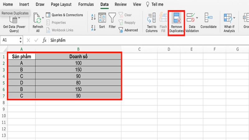 chọn vùng dữ liệu Remove Duplicates
