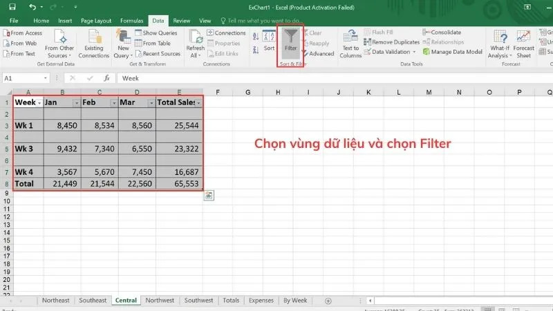 chọn vùng dữ liệu và chọn Filter