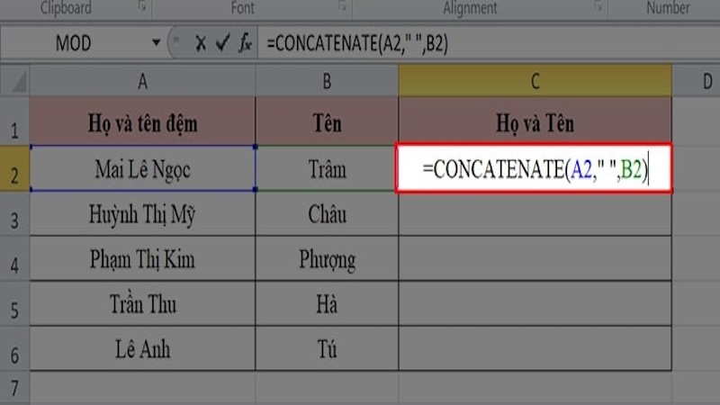 Công thức hàm CONCATENATE gộp ô trong Excel