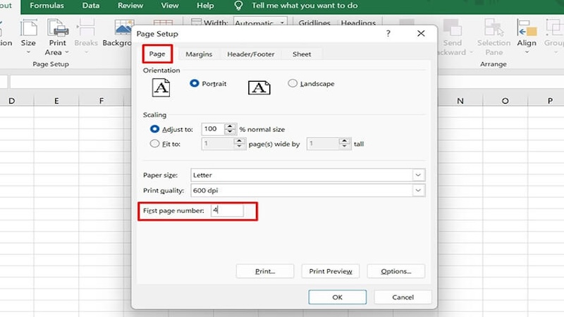 điền số trang vào ô First Page Number