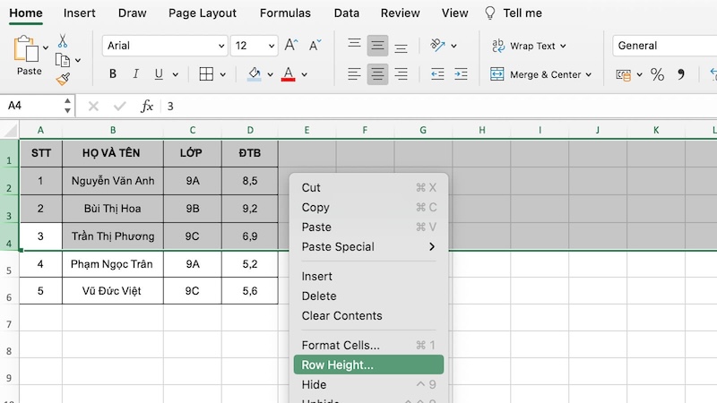 Giãn cách dòng Excel nhanh chóng theo kích thước