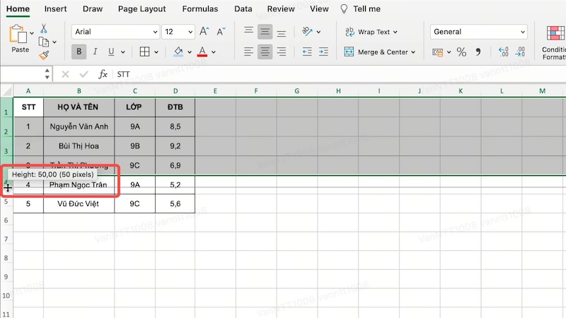 Giãn cách dòng trong Excel bằng chuột