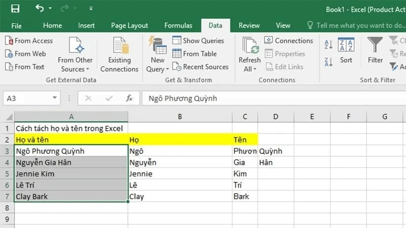 kết quả hiển thị cách tách tên trong excel