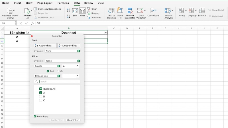 lọc theo điều kiện trong Excel bằng Filter