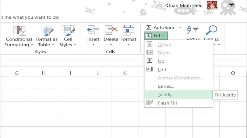 lựa chọn Justify ở mục Fill