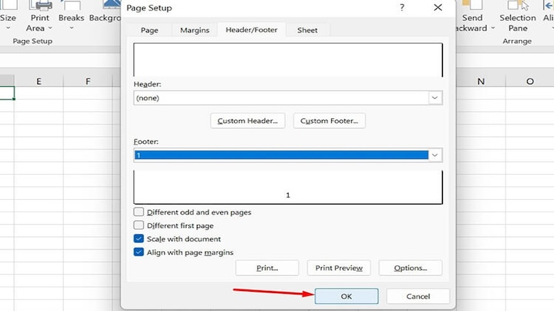 nhấn ok để hoàn tất đánh số trang excel bang page setup