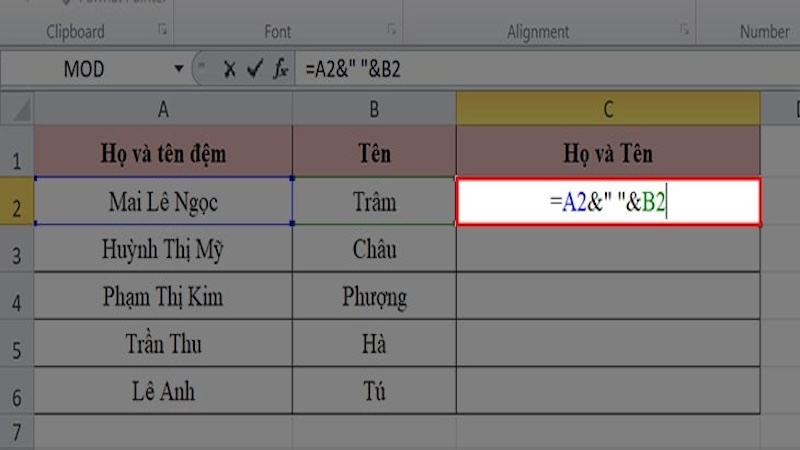 Nhập công thức toán tử để gộp ô Excel