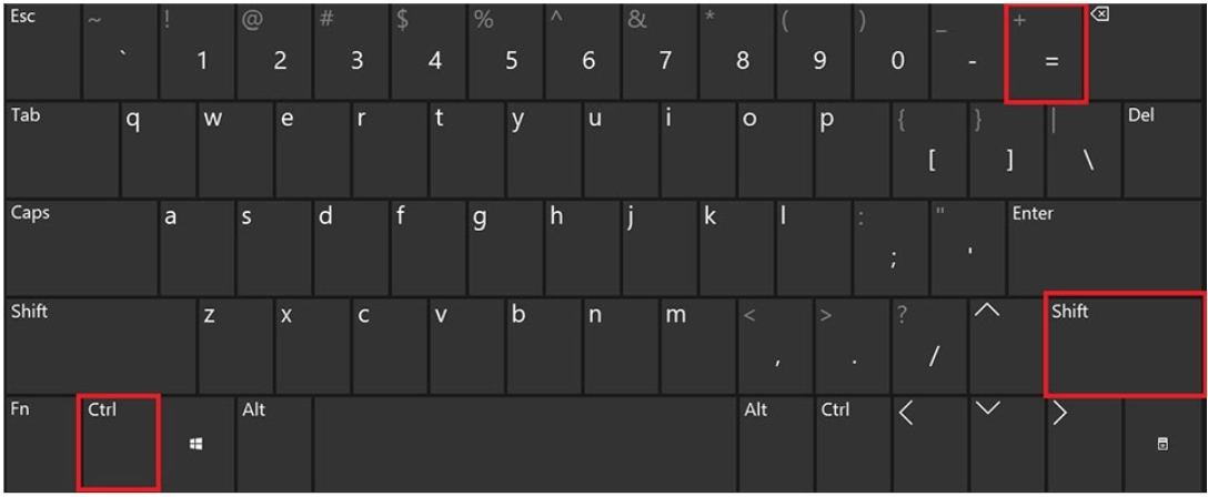 Thao tác nhấn tổ hợp phím “Ctrl + Shift và phím dấu +” trên bàn phím.