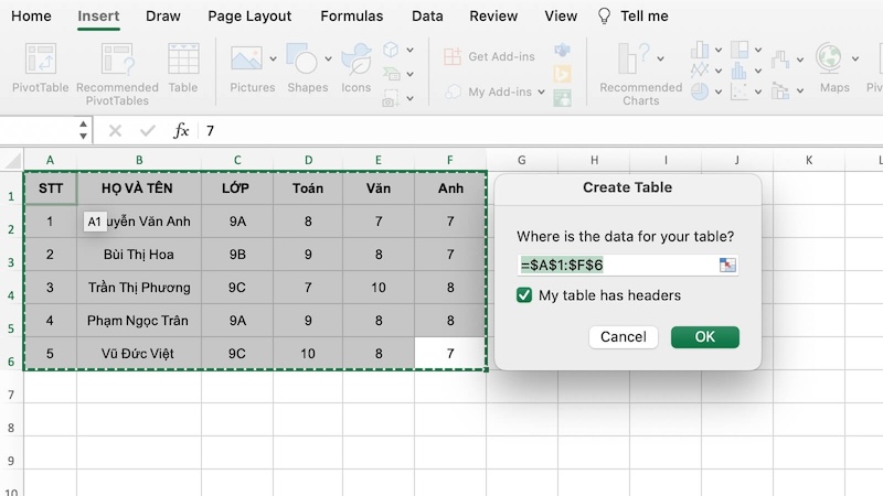 Trong cửa sổ Create Table hiển thị, nhập vào vùng ô tính chứa bảng. Tiếp đó chọn dòng “My table has headers”. 