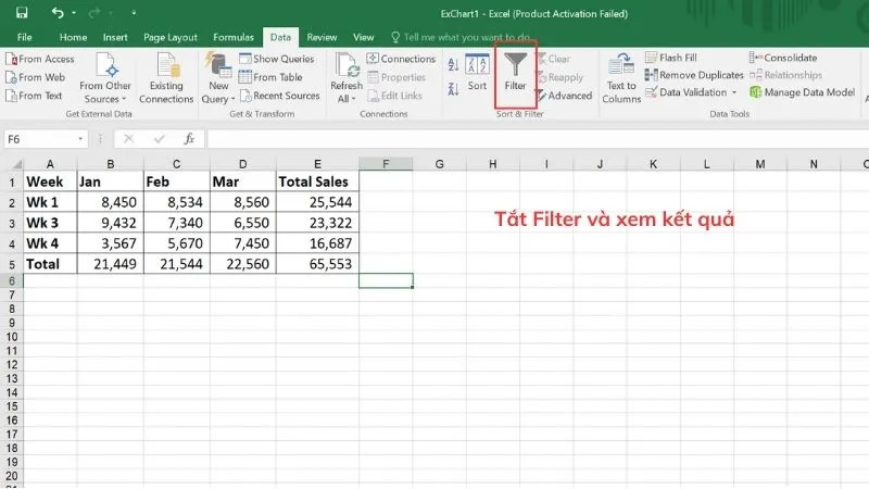 tắt Filter và xem xét kết quả xoá hàng trống