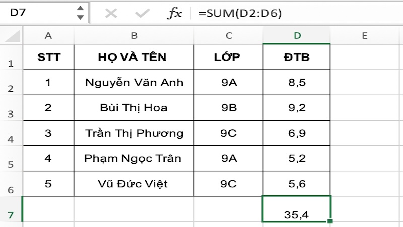 tính tổng trong excel 