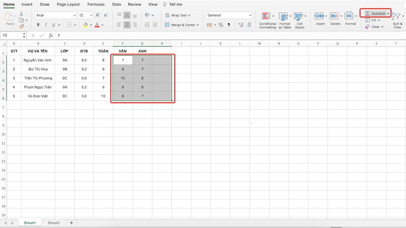 tính tổng từng hàng trong excel