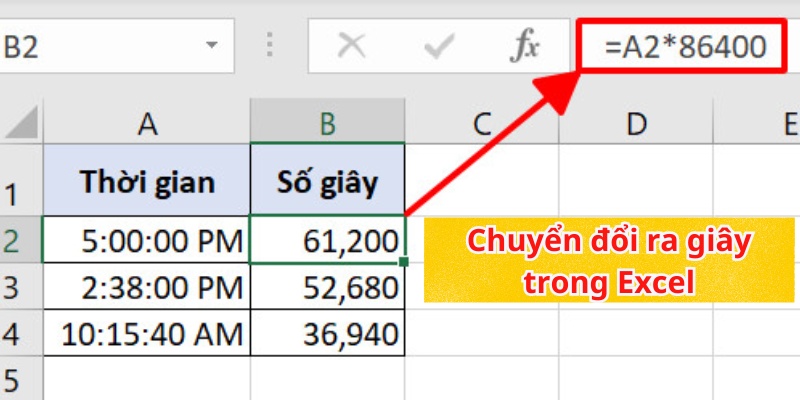 chuyển đổi giây trong excel