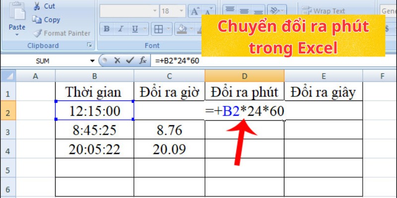 chuyển đổi phút trong excel