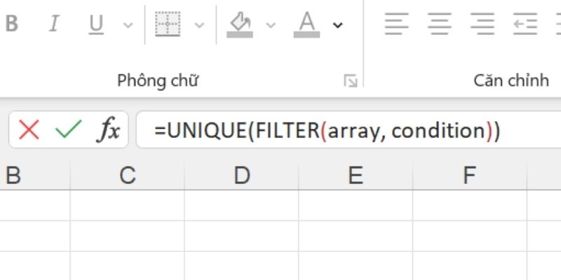 cú pháp hàm UNIQUE kết hợp hàm FILTER