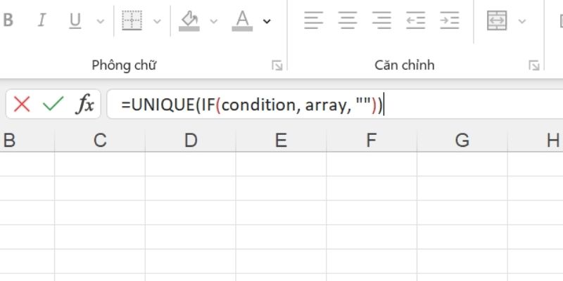 cú pháp hàm UNIQUE kết hợp hàm IF
