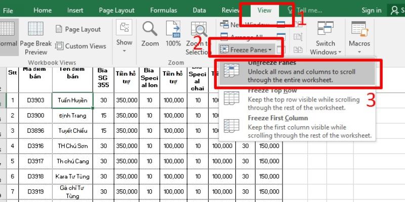 đóng băng hàng trong excel 