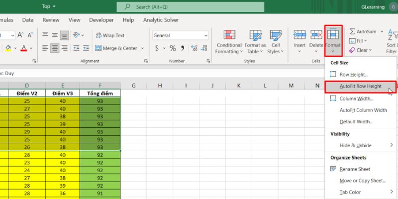 giãn dòng tự động trong excel