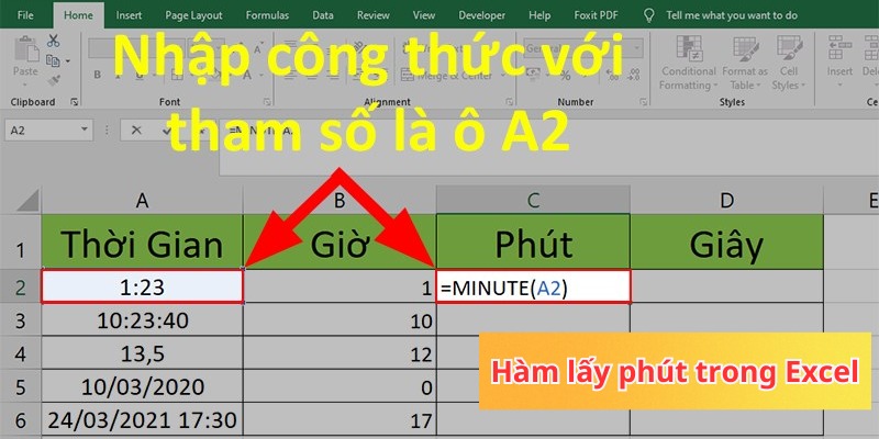 hàm lấy phút trong excel