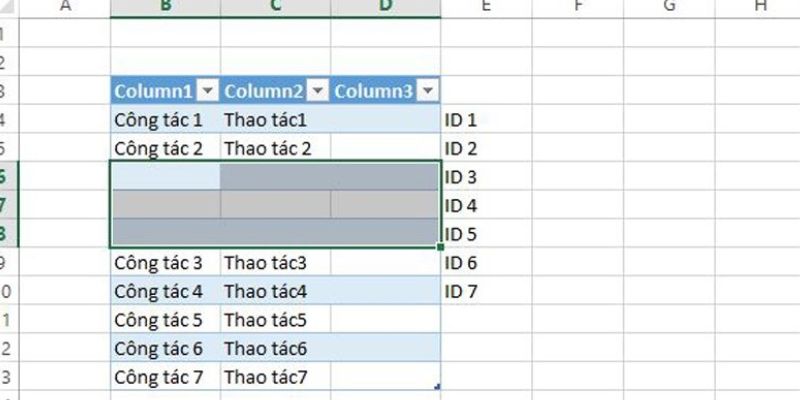 phím tắt chèn cột trong excel