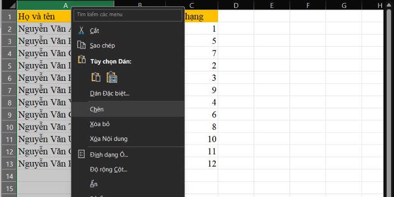 phím tắt chèn dòng trong excel