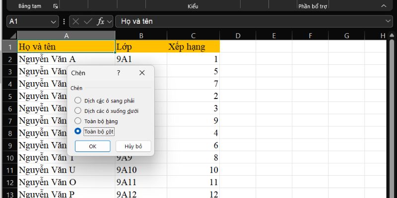 phím tắt insert dòng excel