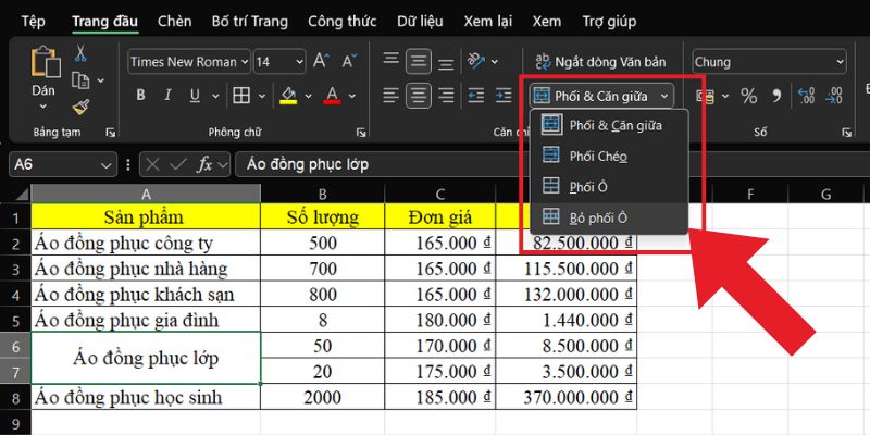 tách một ô thành hai ô trong sheet