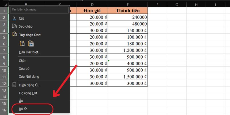 típ mở cột a bị ẩn trong excel