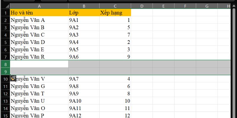 tổ hợp phím tắt chèn dòng excel