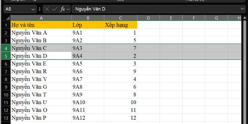 tổ hợp phím tắt insert dòng trong excel